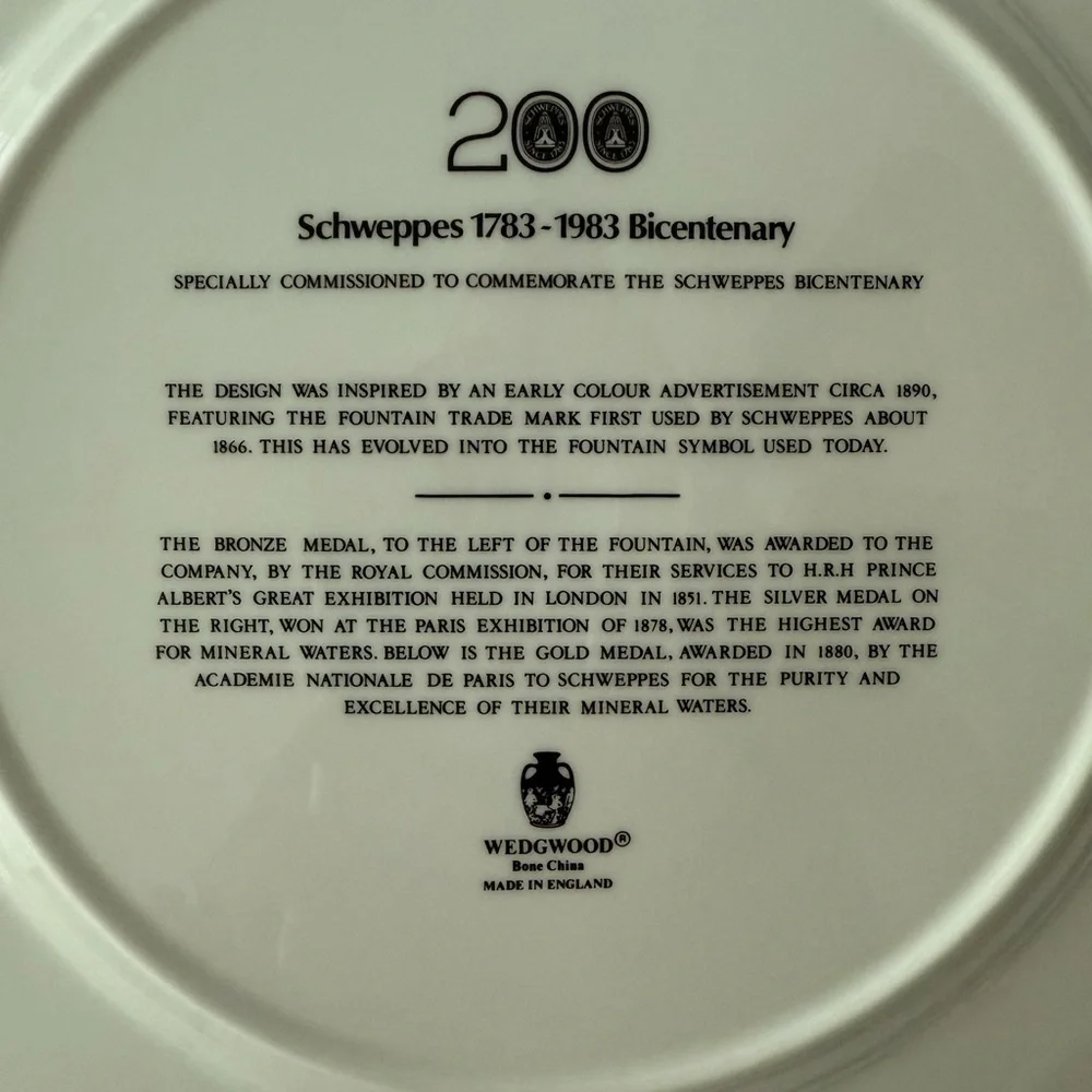 Wedgwood Schweppes 1773-1983 Bicentennial Commemorative Plate